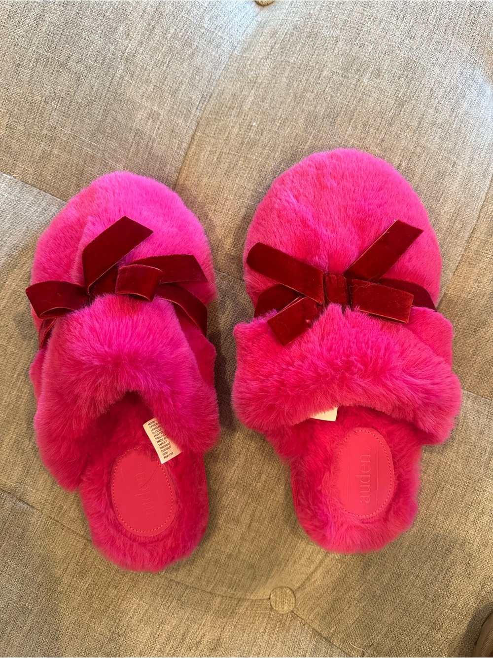 Plush Pink Fuzzy ladies Slippers with Velvet Bow